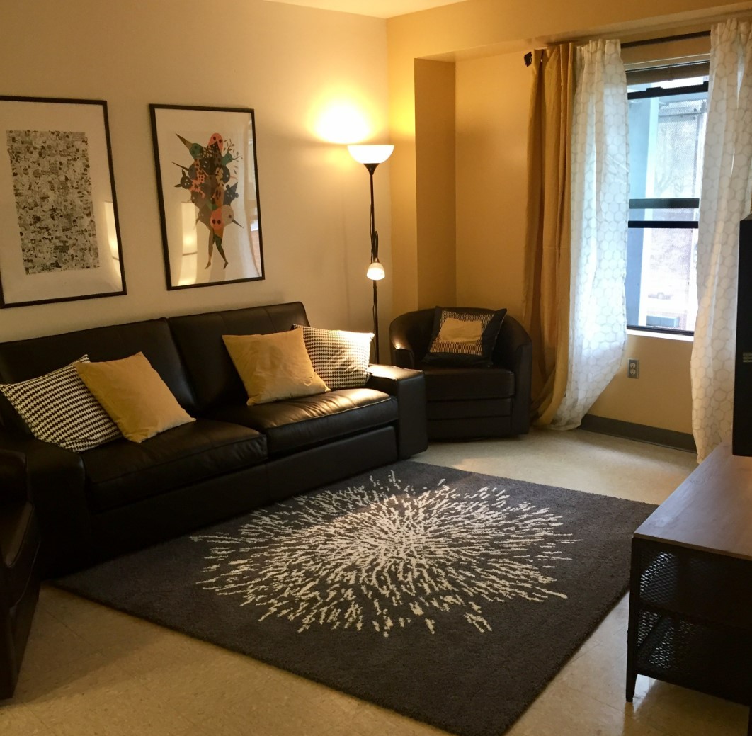 Living area of housing unit. The room includes framed art on the walls, a couch with pillows, and a large area rug