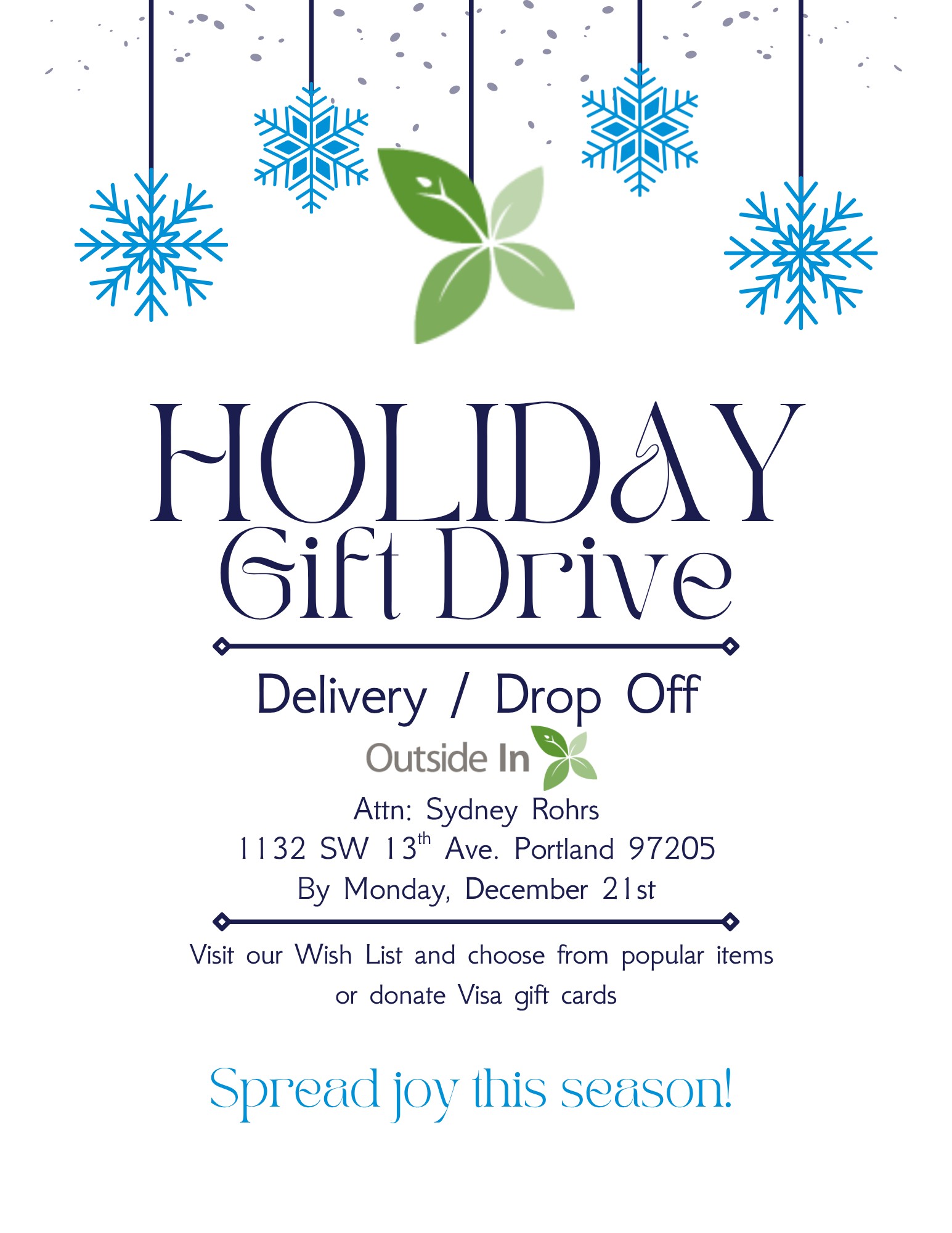 Snowflakes decorate an updated gift drive image with basic information about how to give items